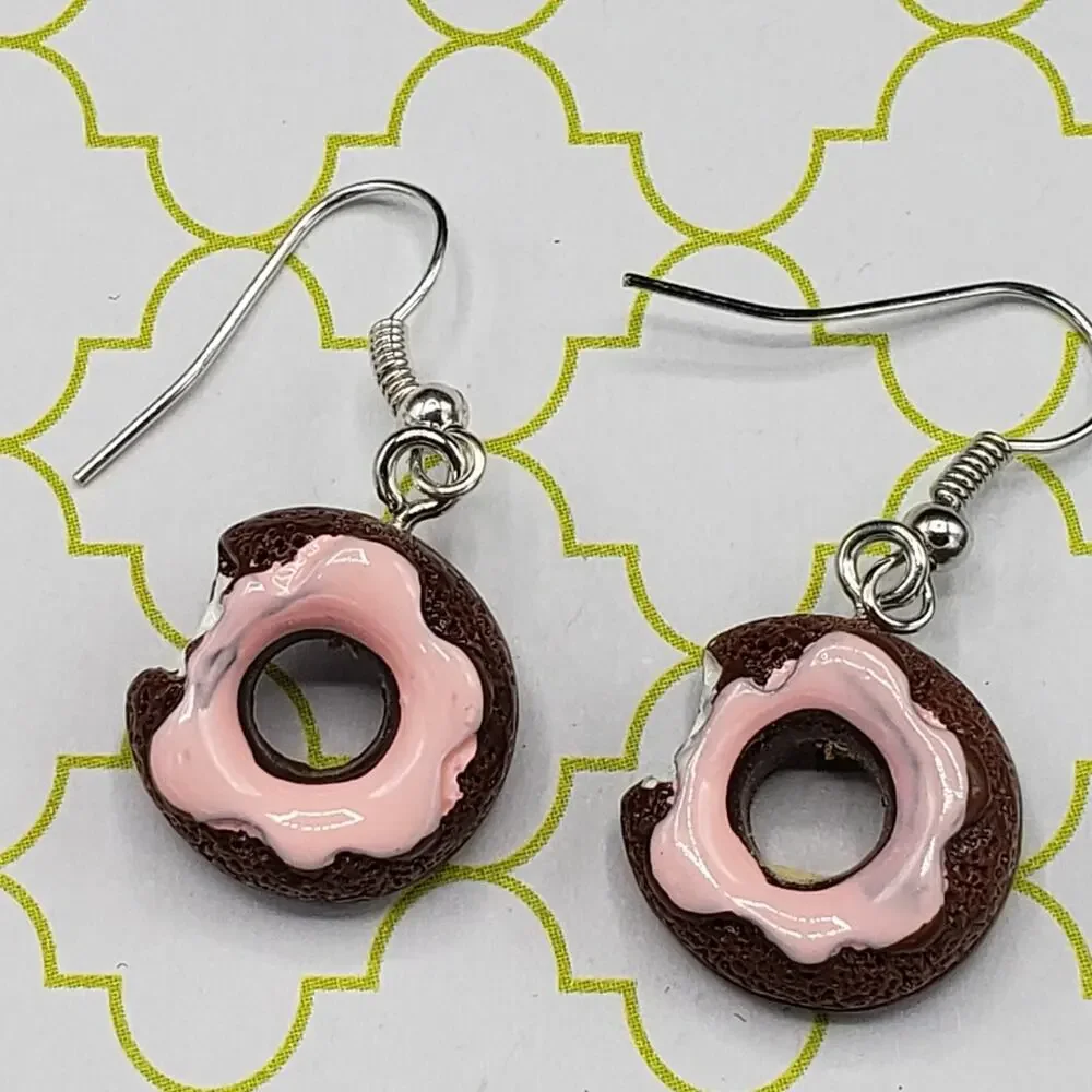 handmade Strawberry layered cake & chocolate donut‎ sweet treat earring set